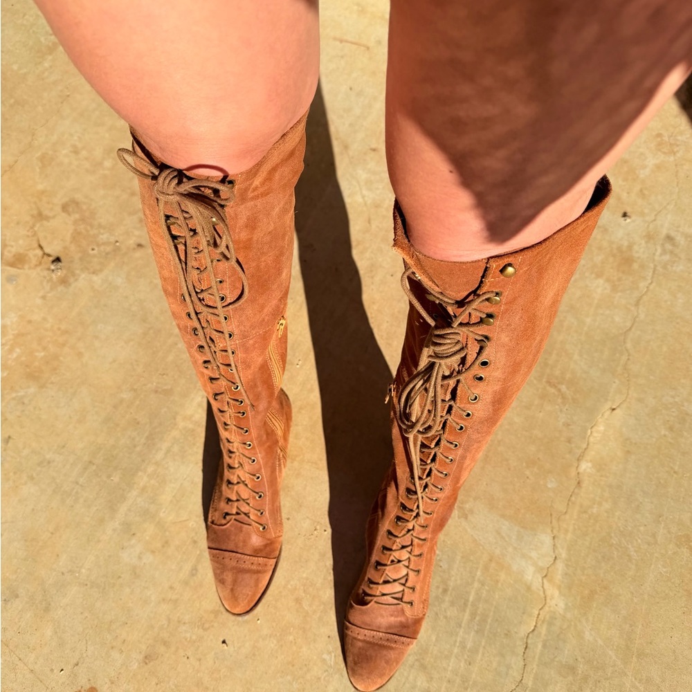Jeffrey Campbell Sz 9 Brown 100% Lambs Leather Tall Lace Up boot Free People Joe - Picture 7 of 16